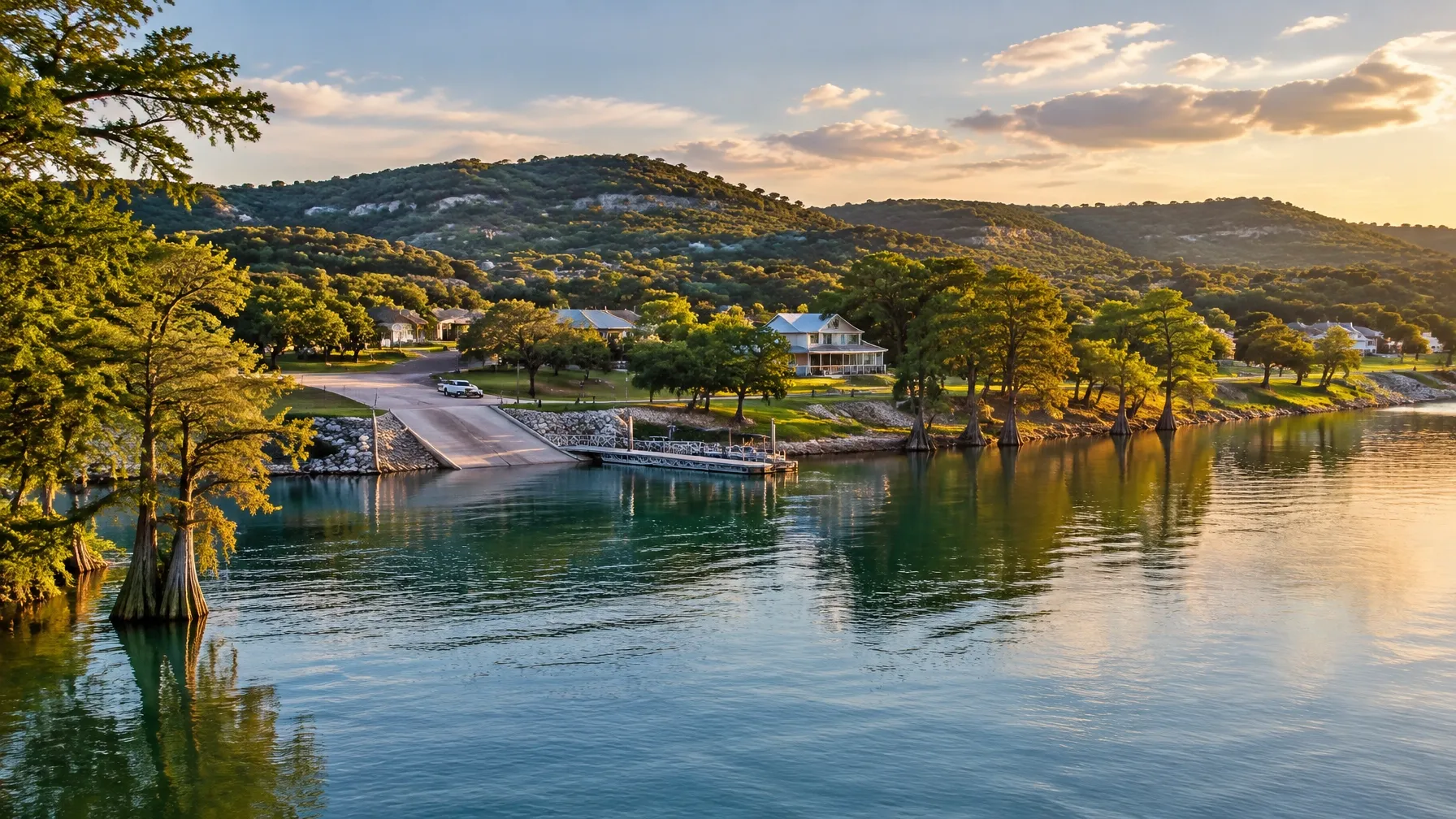 Lake Travis shoreline and Hill Country homes in Jonestown, Texas