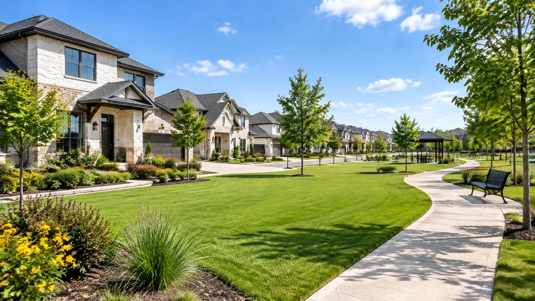 Pflugerville, Texas neighborhood homes beside a green park