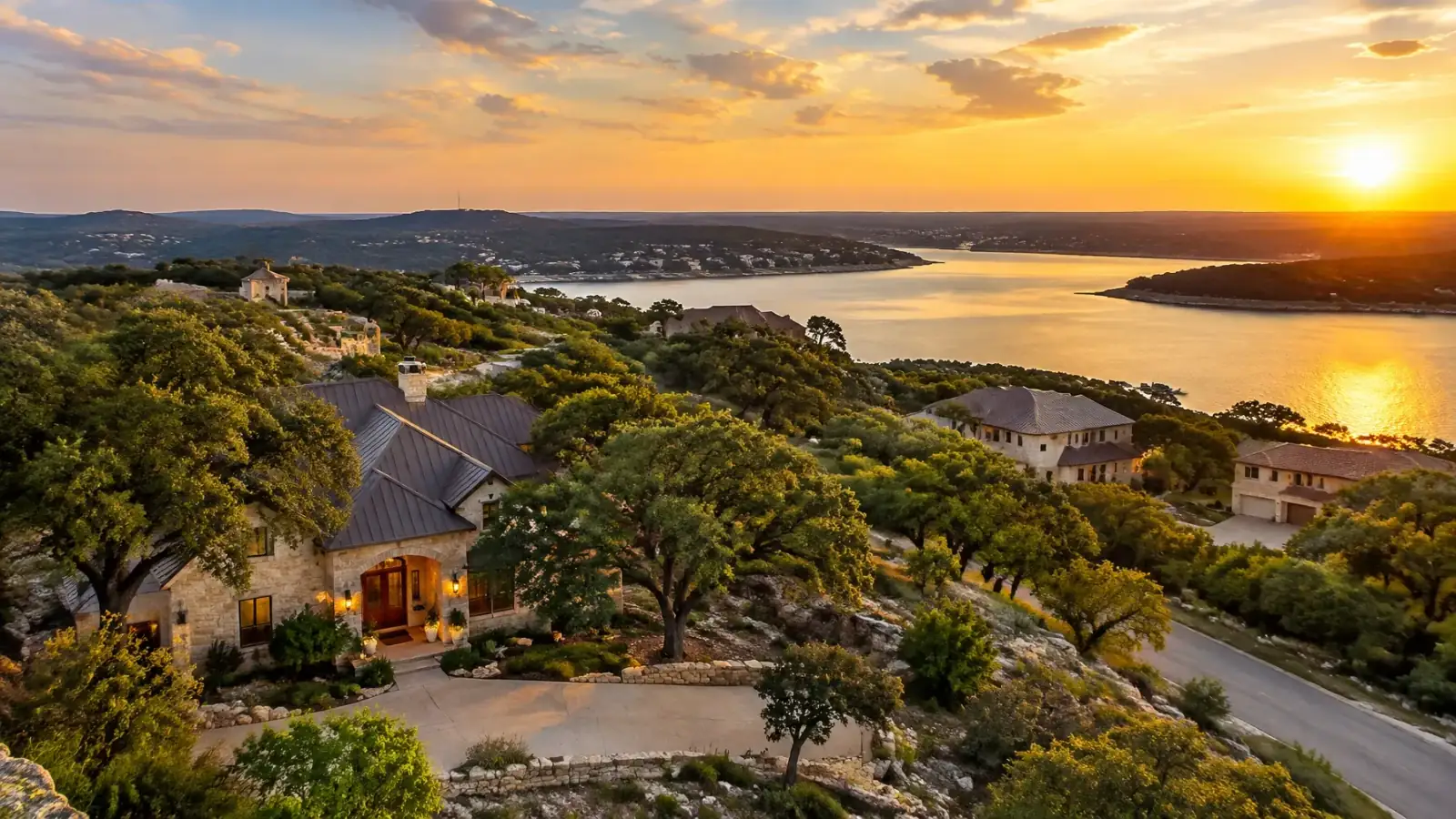 Lago Vista Hill Country home overlooking Lake Travis at golden hour