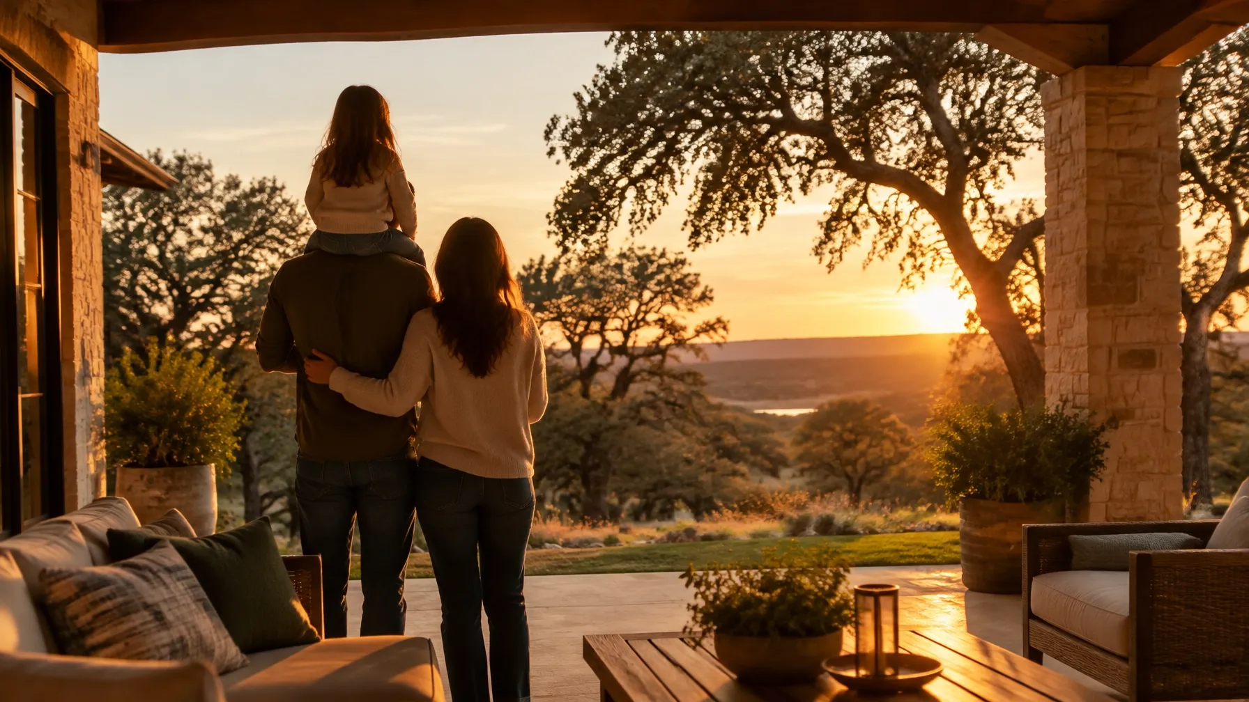 Family enjoying sunset views from a Texas Hill Country home